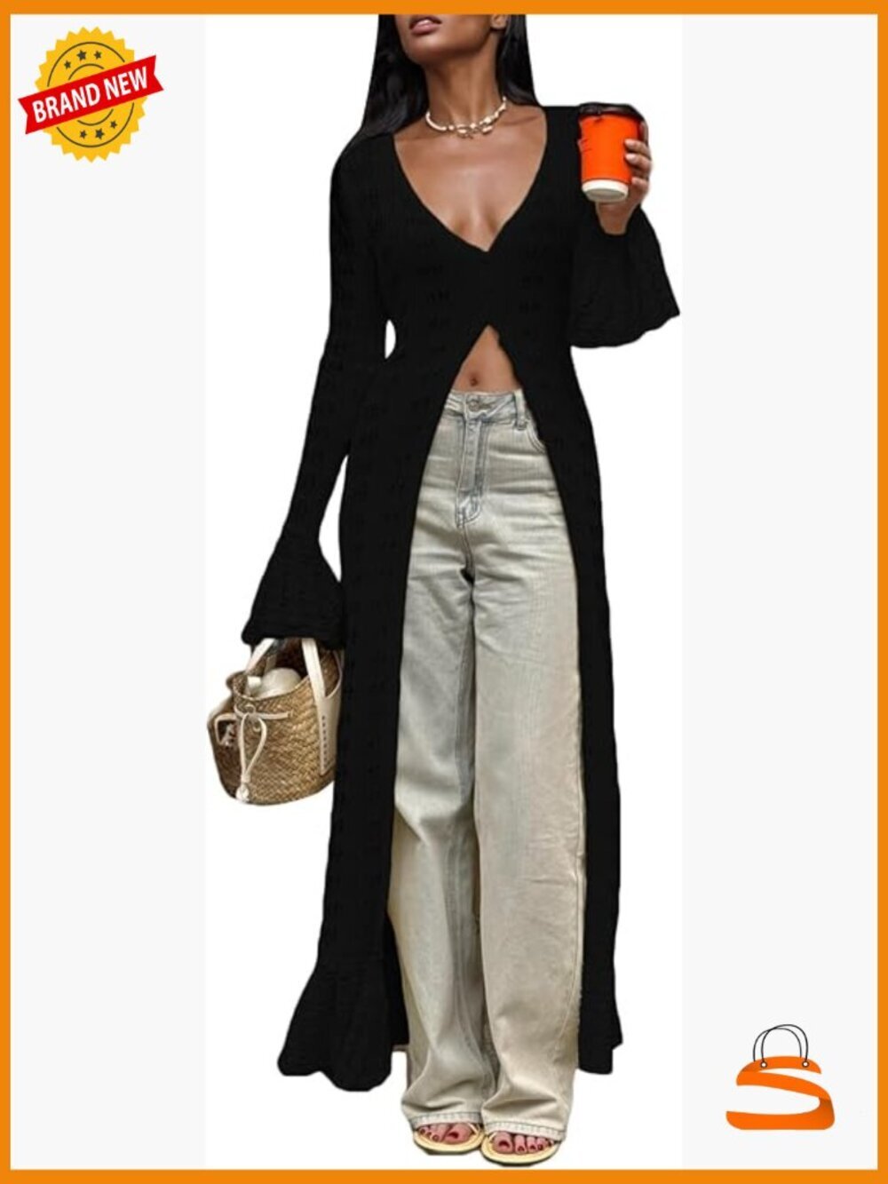Boho Crochet Long Cardigan Duster Sweater Ruffle Bell Sleeve Maxi Cover Up